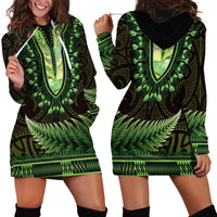 Lime Green African Dashiki With Aotearoa Maori Hoodie Dress Paua Shell Mix Silver Fern LT14 - Polynesian Pride