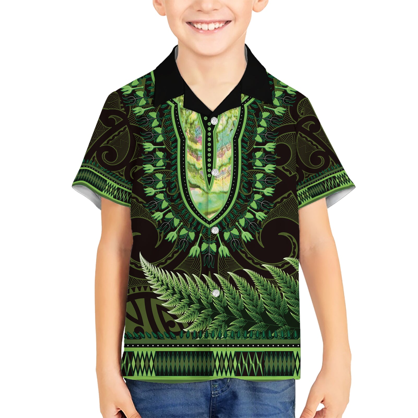 Lime Green African Dashiki With Aotearoa Maori Kid Hawaiian Shirt Paua Shell Mix Silver Fern