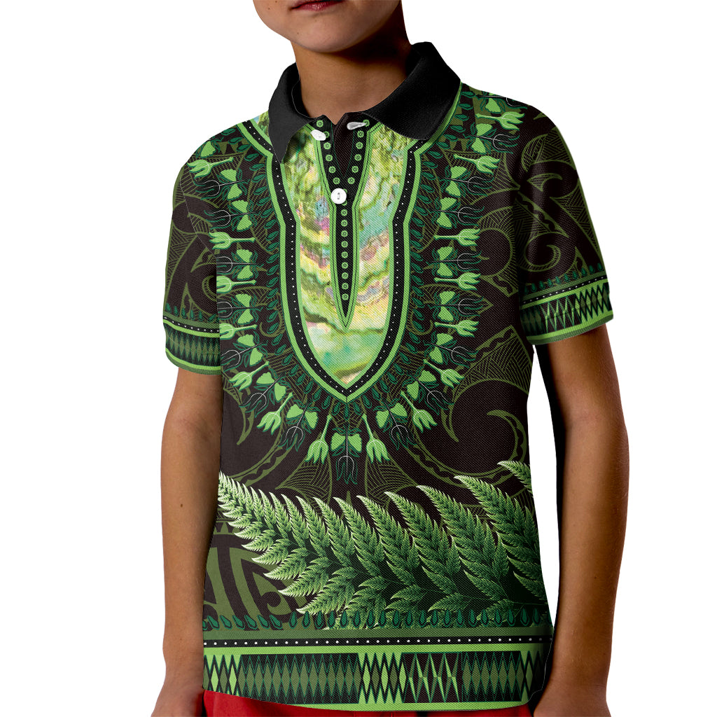 Lime Green African Dashiki With Aotearoa Maori Kid Polo Shirt Paua Shell Mix Silver Fern