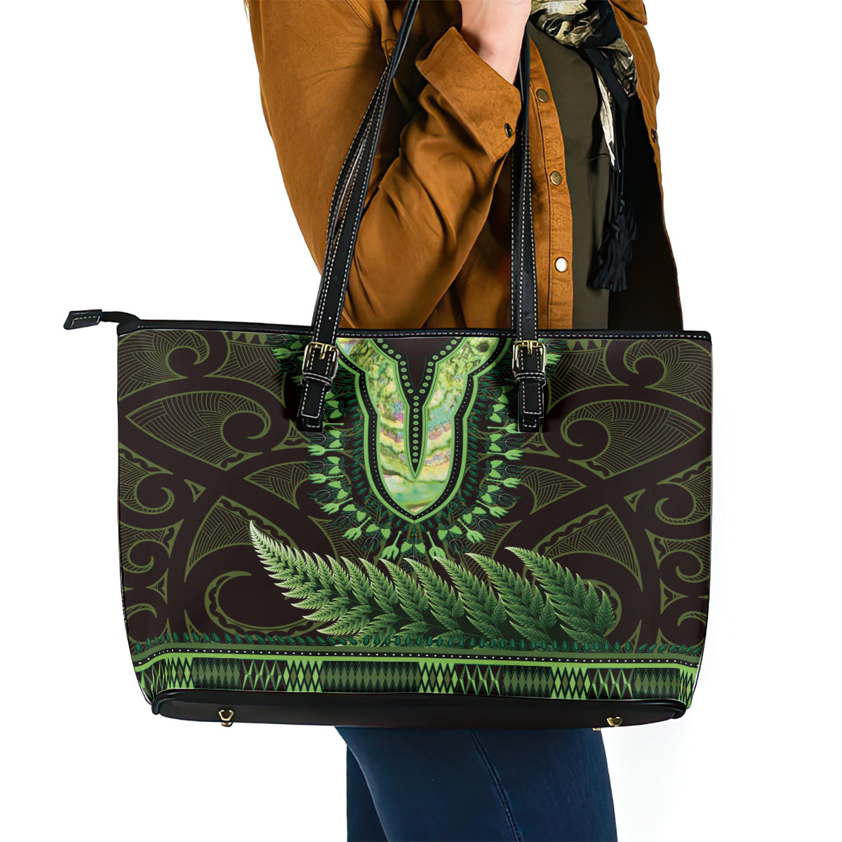 Lime Green African Dashiki With Aotearoa Maori Leather Tote Bag Paua Shell Mix Silver Fern LT14 - Polynesian Pride