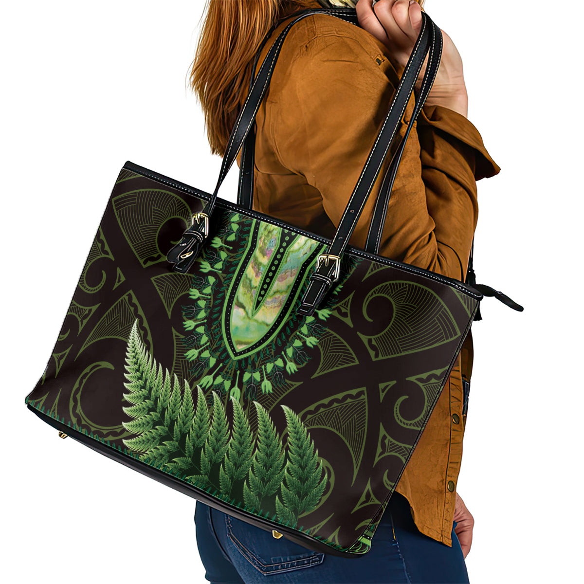 Lime Green African Dashiki With Aotearoa Maori Leather Tote Bag Paua Shell Mix Silver Fern LT14 - Polynesian Pride