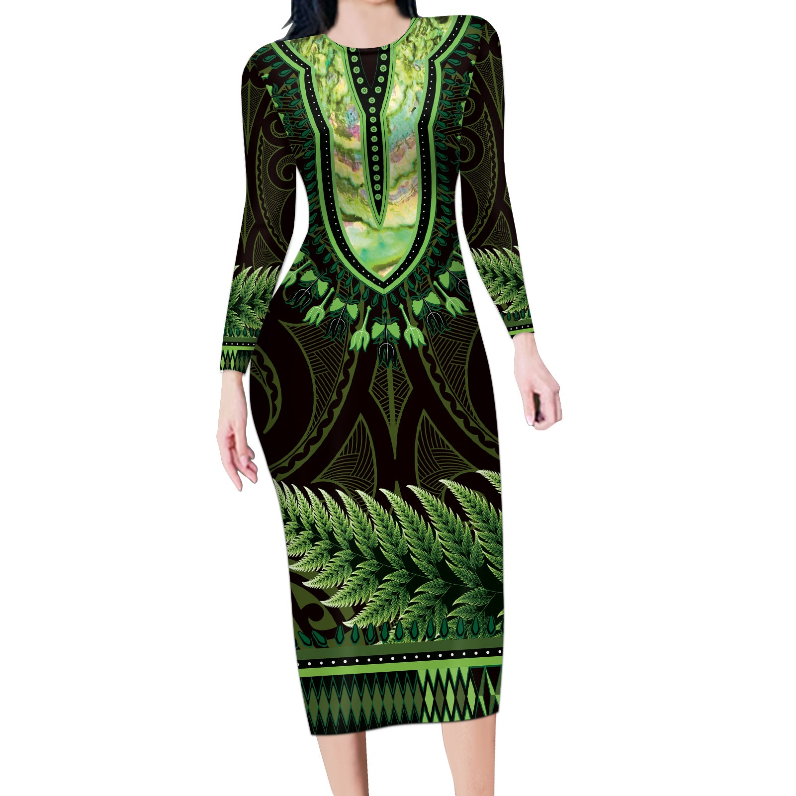 Lime Green African Dashiki With Aotearoa Maori Long Sleeve Bodycon Dress Paua Shell Mix Silver Fern