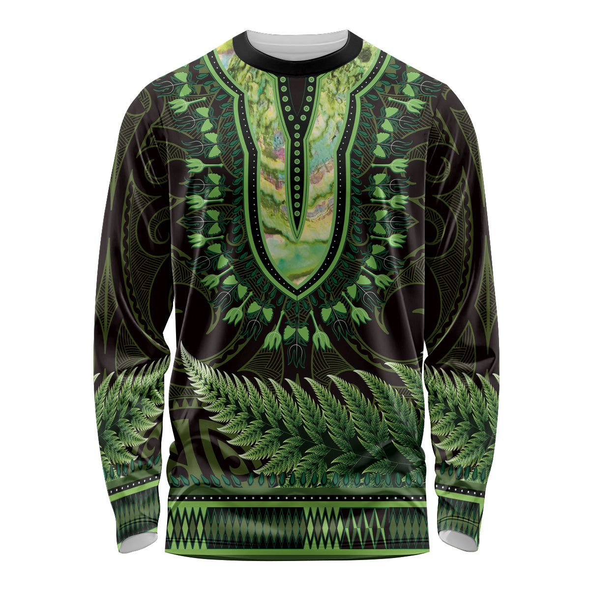 Lime Green African Dashiki With Aotearoa Maori Long Sleeve Shirt Paua Shell Mix Silver Fern