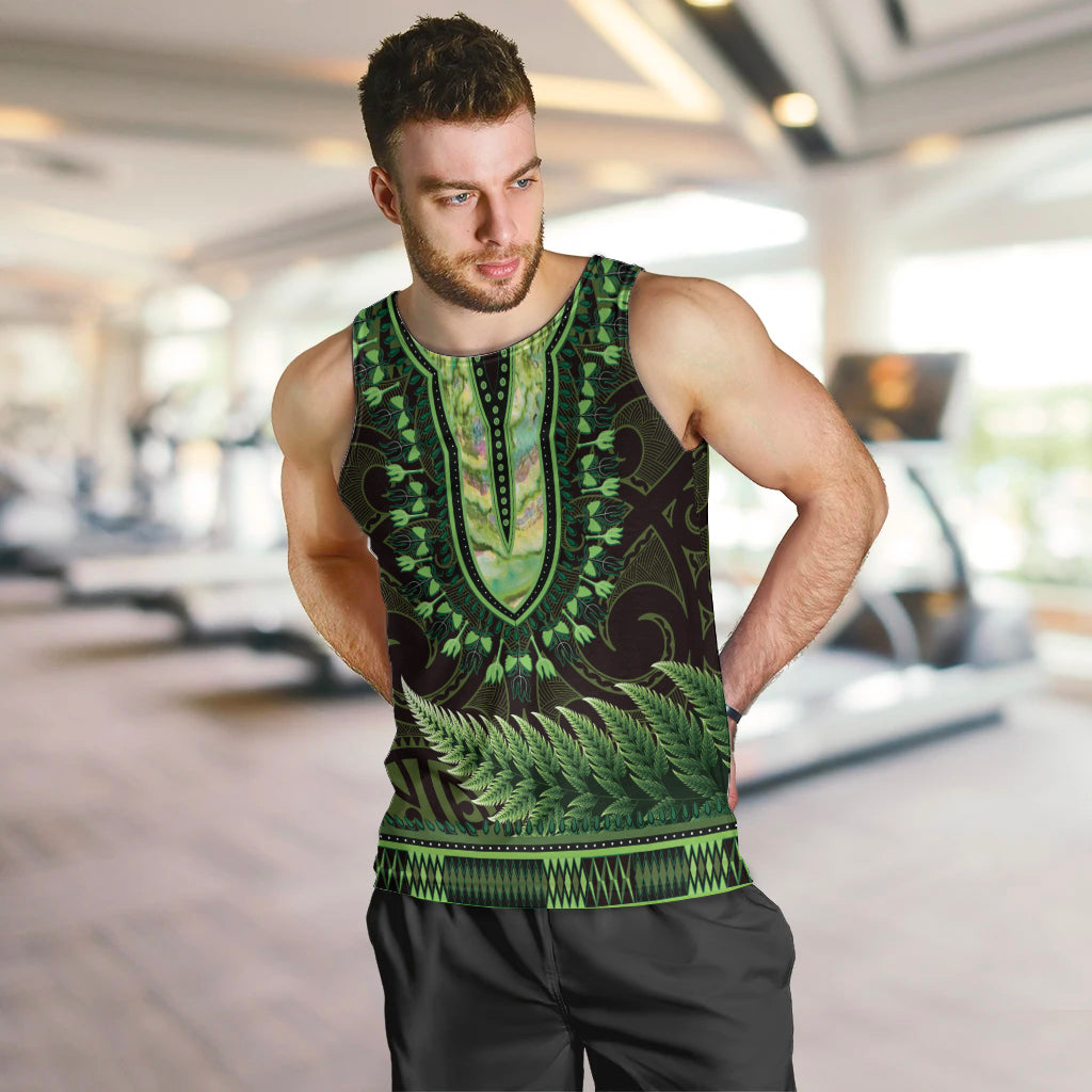 Lime Green African Dashiki With Aotearoa Maori Men Tank Top Paua Shell Mix Silver Fern