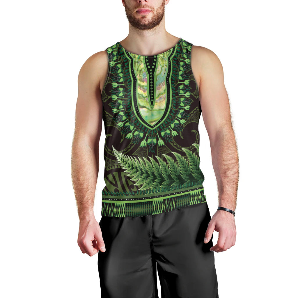 Lime Green African Dashiki With Aotearoa Maori Men Tank Top Paua Shell Mix Silver Fern LT14 - Polynesian Pride
