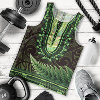 Lime Green African Dashiki With Aotearoa Maori Men Tank Top Paua Shell Mix Silver Fern LT14 - Polynesian Pride