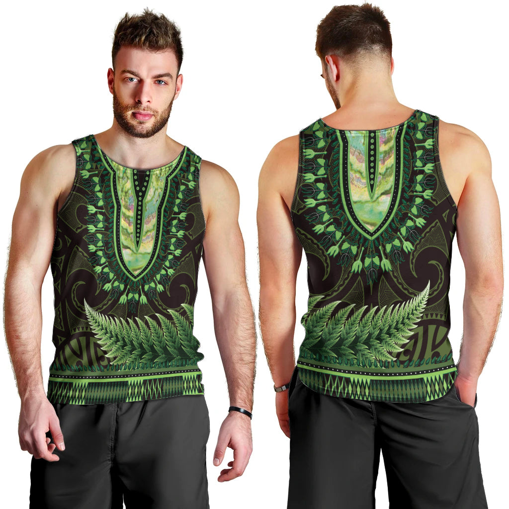 Lime Green African Dashiki With Aotearoa Maori Men Tank Top Paua Shell Mix Silver Fern LT14 - Polynesian Pride