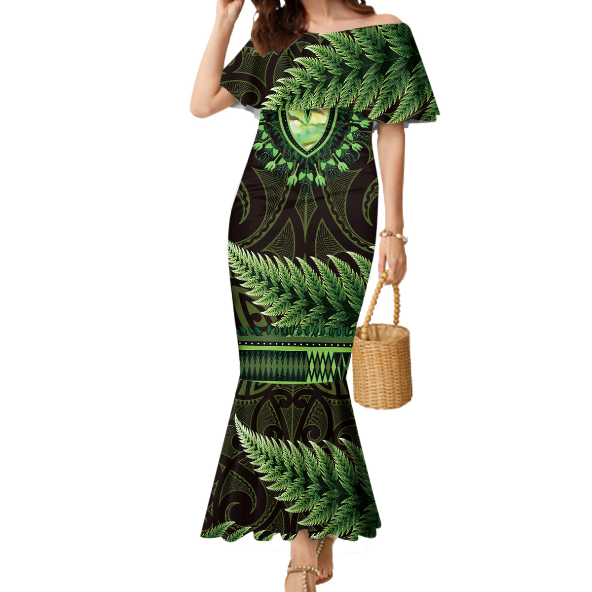 Lime Green African Dashiki With Aotearoa Maori Mermaid Dress Paua Shell Mix Silver Fern