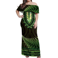 Lime Green African Dashiki With Aotearoa Maori Off Shoulder Maxi Dress Paua Shell Mix Silver Fern LT14 Women Lime Green - Polynesian Pride