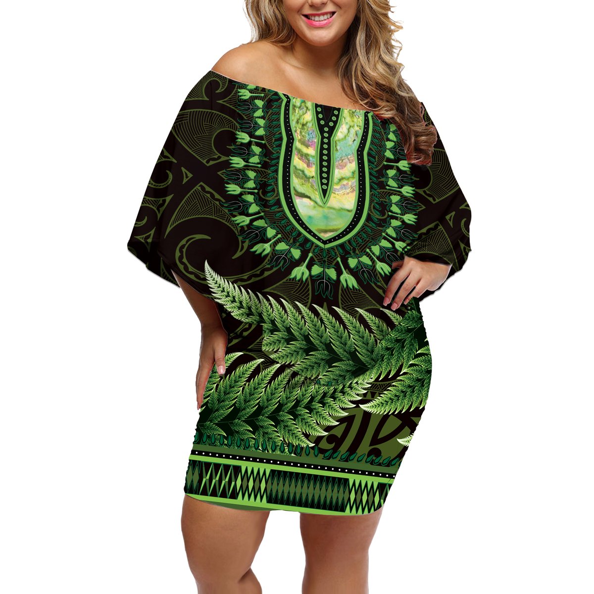 Lime Green African Dashiki With Aotearoa Maori Off Shoulder Short Dress Paua Shell Mix Silver Fern LT14 Women Lime Green - Polynesian Pride