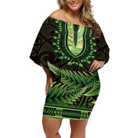 Lime Green African Dashiki With Aotearoa Maori Off Shoulder Short Dress Paua Shell Mix Silver Fern LT14 Women Lime Green - Polynesian Pride