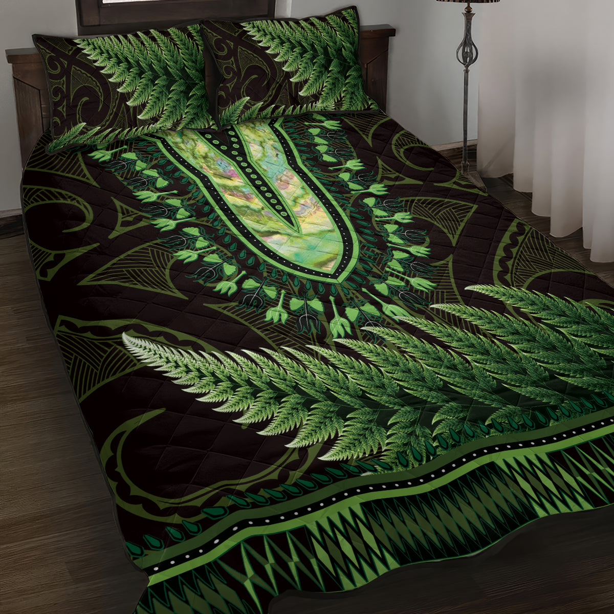 Lime Green African Dashiki With Aotearoa Maori Quilt Bed Set Paua Shell Mix Silver Fern LT14 Lime Green - Polynesian Pride