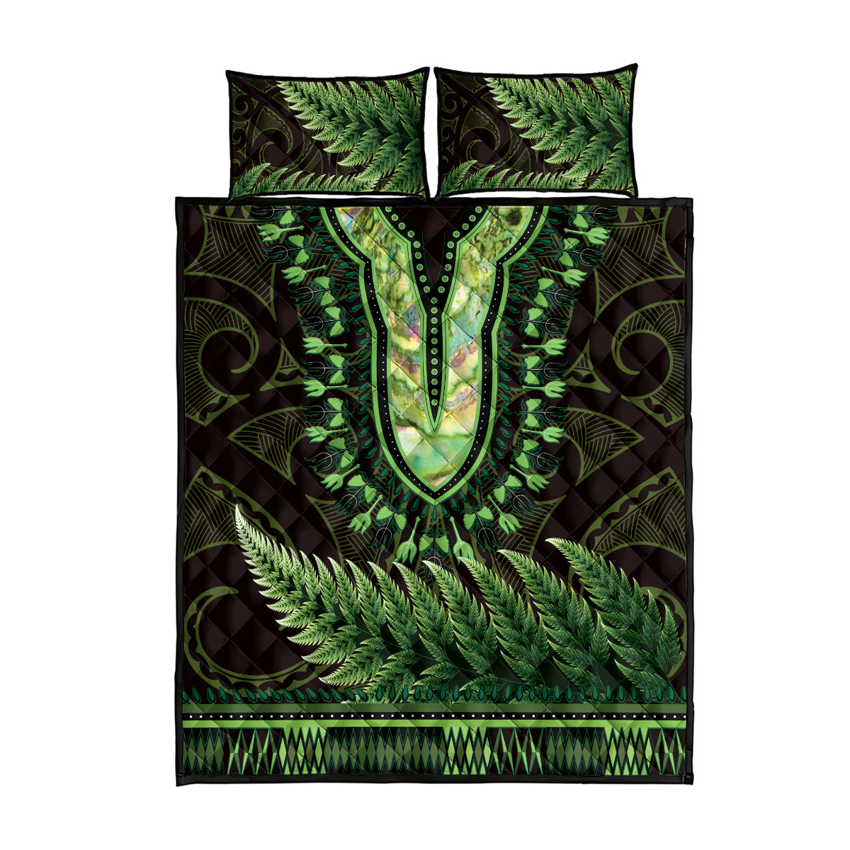 Lime Green African Dashiki With Aotearoa Maori Quilt Bed Set Paua Shell Mix Silver Fern LT14 - Polynesian Pride