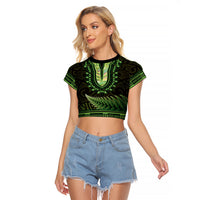 Lime Green African Dashiki With Aotearoa Maori Raglan Cropped T Shirt Paua Shell Mix Silver Fern