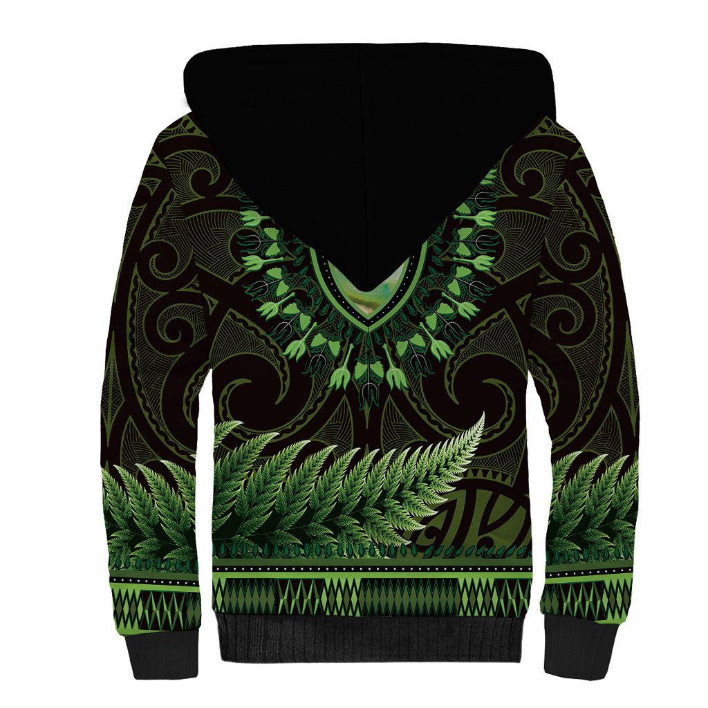 Lime Green African Dashiki With Aotearoa Maori Sherpa Hoodie Paua Shell Mix Silver Fern LT14 - Polynesian Pride