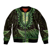 Lime Green African Dashiki With Aotearoa Maori Sleeve Zip Bomber Jacket Paua Shell Mix Silver Fern LT14 Unisex Lime Green - Polynesian Pride