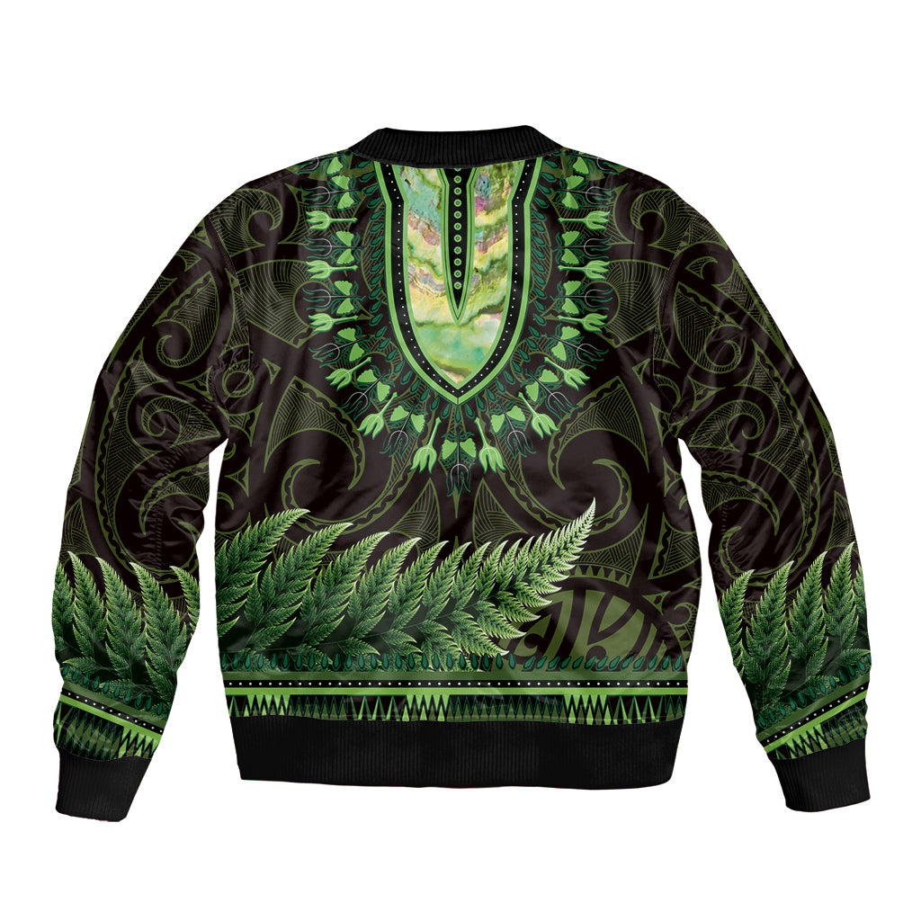 Lime Green African Dashiki With Aotearoa Maori Sleeve Zip Bomber Jacket Paua Shell Mix Silver Fern LT14 - Polynesian Pride