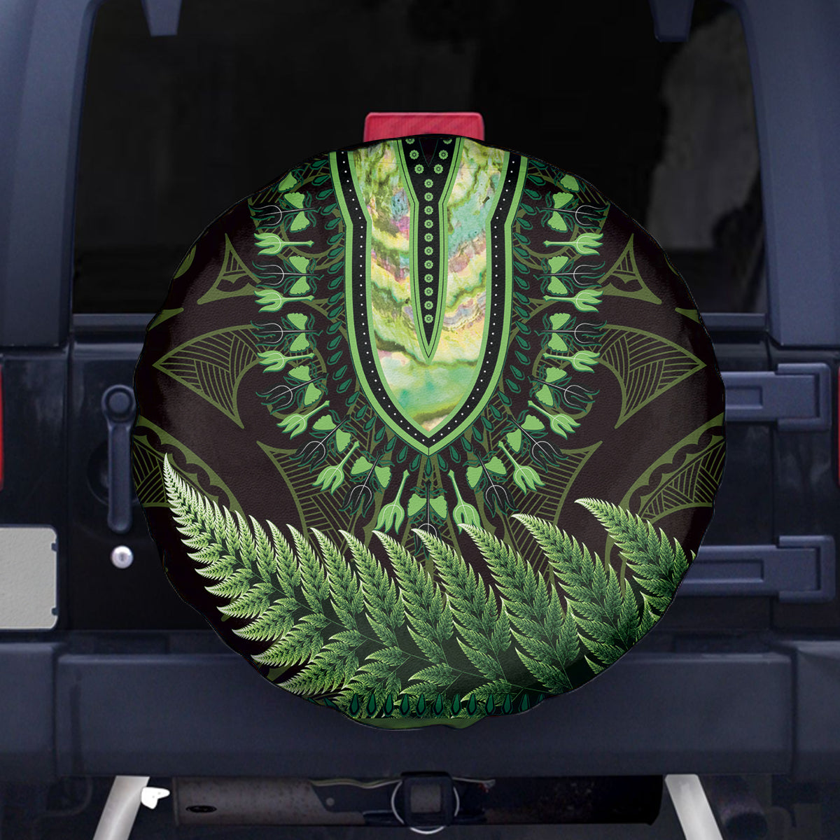 Lime Green African Dashiki With Aotearoa Maori Spare Tire Cover Paua Shell Mix Silver Fern LT14 - Polynesian Pride