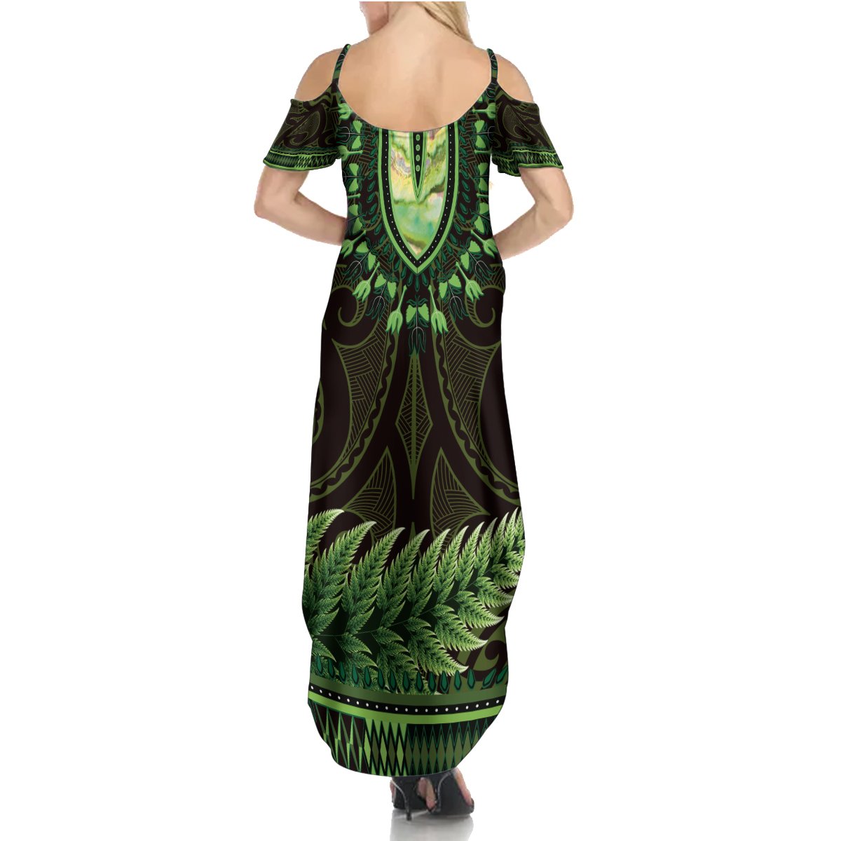 Lime Green African Dashiki With Aotearoa Maori Summer Maxi Dress Paua Shell Mix Silver Fern LT14 - Polynesian Pride
