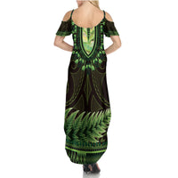 Lime Green African Dashiki With Aotearoa Maori Summer Maxi Dress Paua Shell Mix Silver Fern LT14 - Polynesian Pride