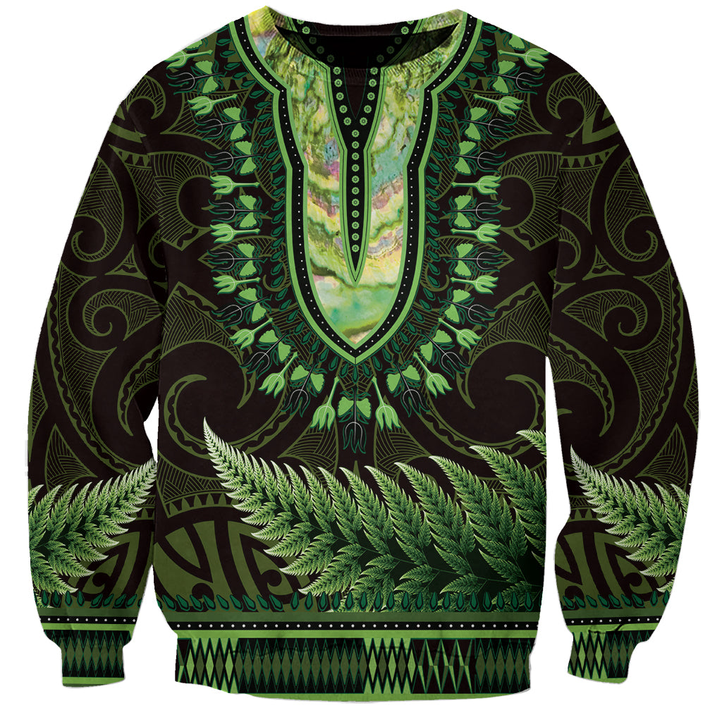 Lime Green African Dashiki With Aotearoa Maori Sweatshirt Paua Shell Mix Silver Fern LT14 Unisex Lime Green - Polynesian Pride