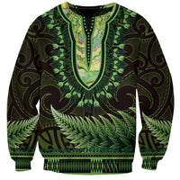 Lime Green African Dashiki With Aotearoa Maori Sweatshirt Paua Shell Mix Silver Fern LT14 Unisex Lime Green - Polynesian Pride