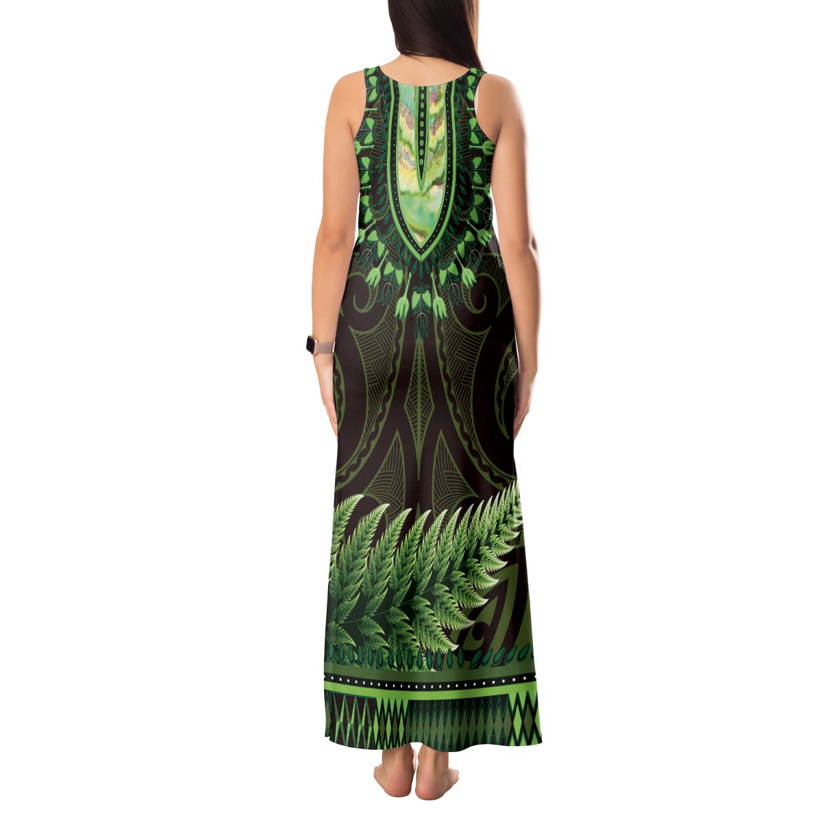 Lime Green African Dashiki With Aotearoa Maori Tank Maxi Dress Paua Shell Mix Silver Fern LT14 - Polynesian Pride