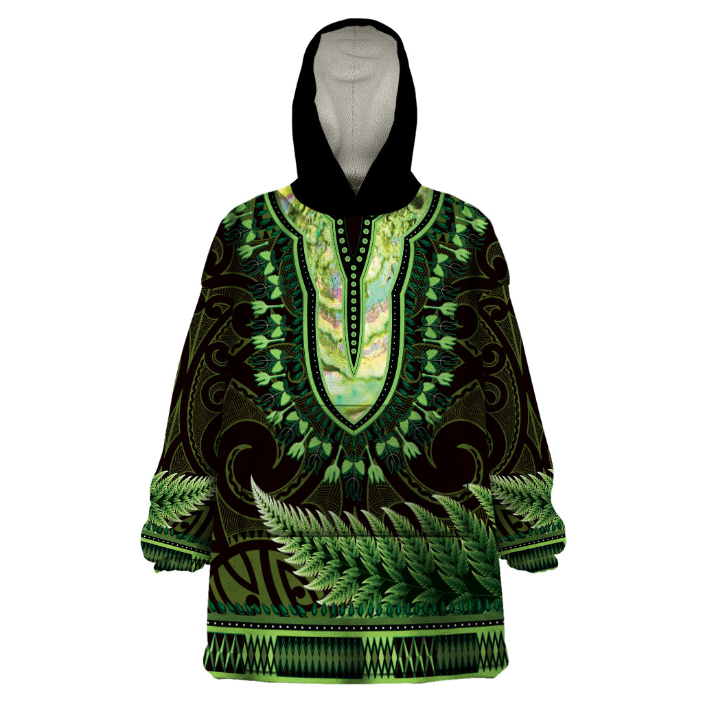 Lime Green African Dashiki With Aotearoa Maori Wearable Blanket Hoodie Paua Shell Mix Silver Fern