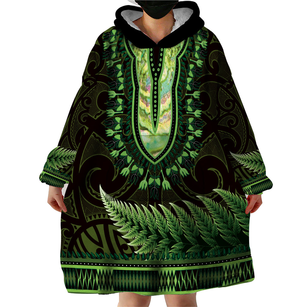 Lime Green African Dashiki With Aotearoa Maori Wearable Blanket Hoodie Paua Shell Mix Silver Fern LT14 - Polynesian Pride