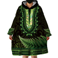 Lime Green African Dashiki With Aotearoa Maori Wearable Blanket Hoodie Paua Shell Mix Silver Fern LT14 - Polynesian Pride