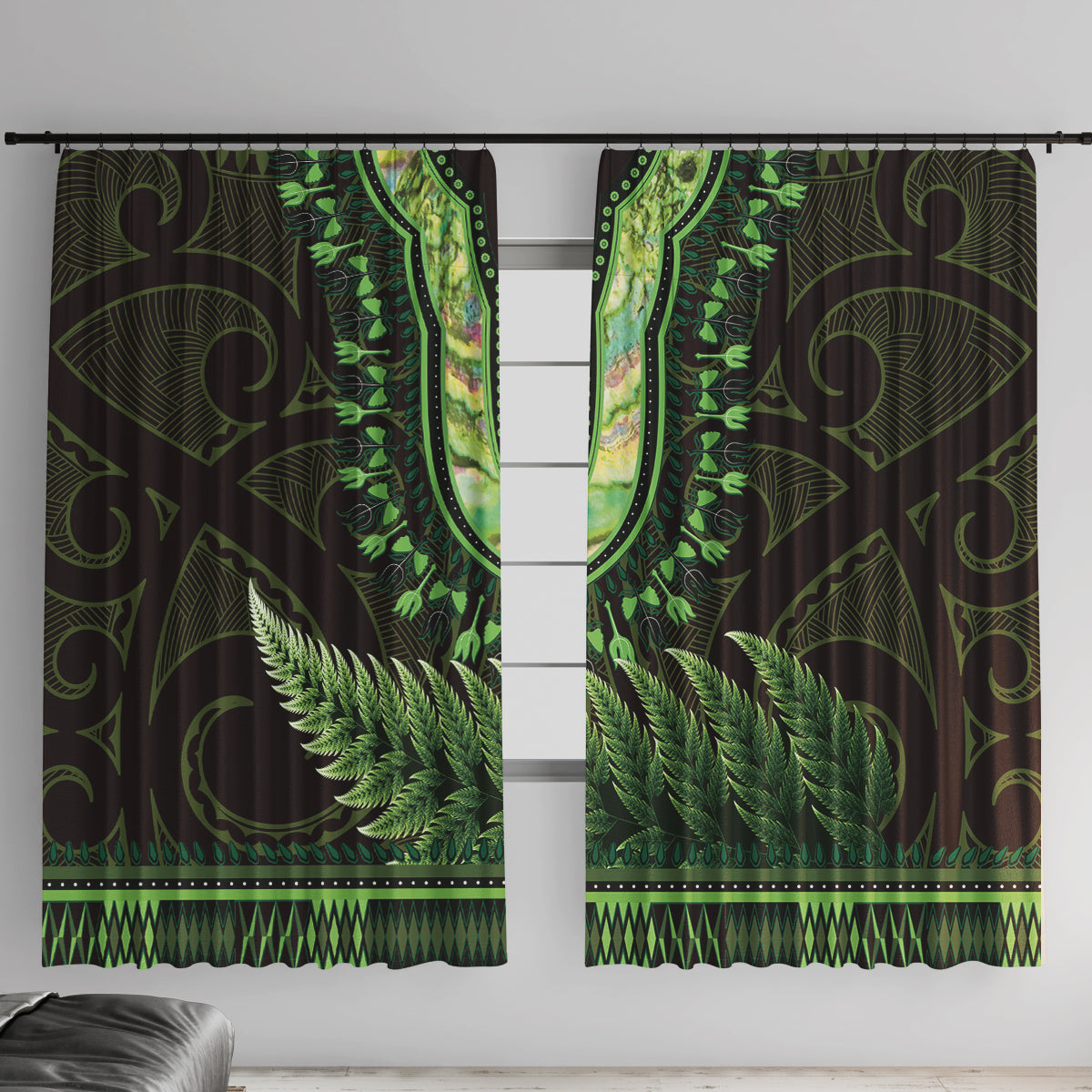Lime Green African Dashiki With Aotearoa Maori Window Curtain Paua Shell Mix Silver Fern LT14 With Hooks Lime Green - Polynesian Pride