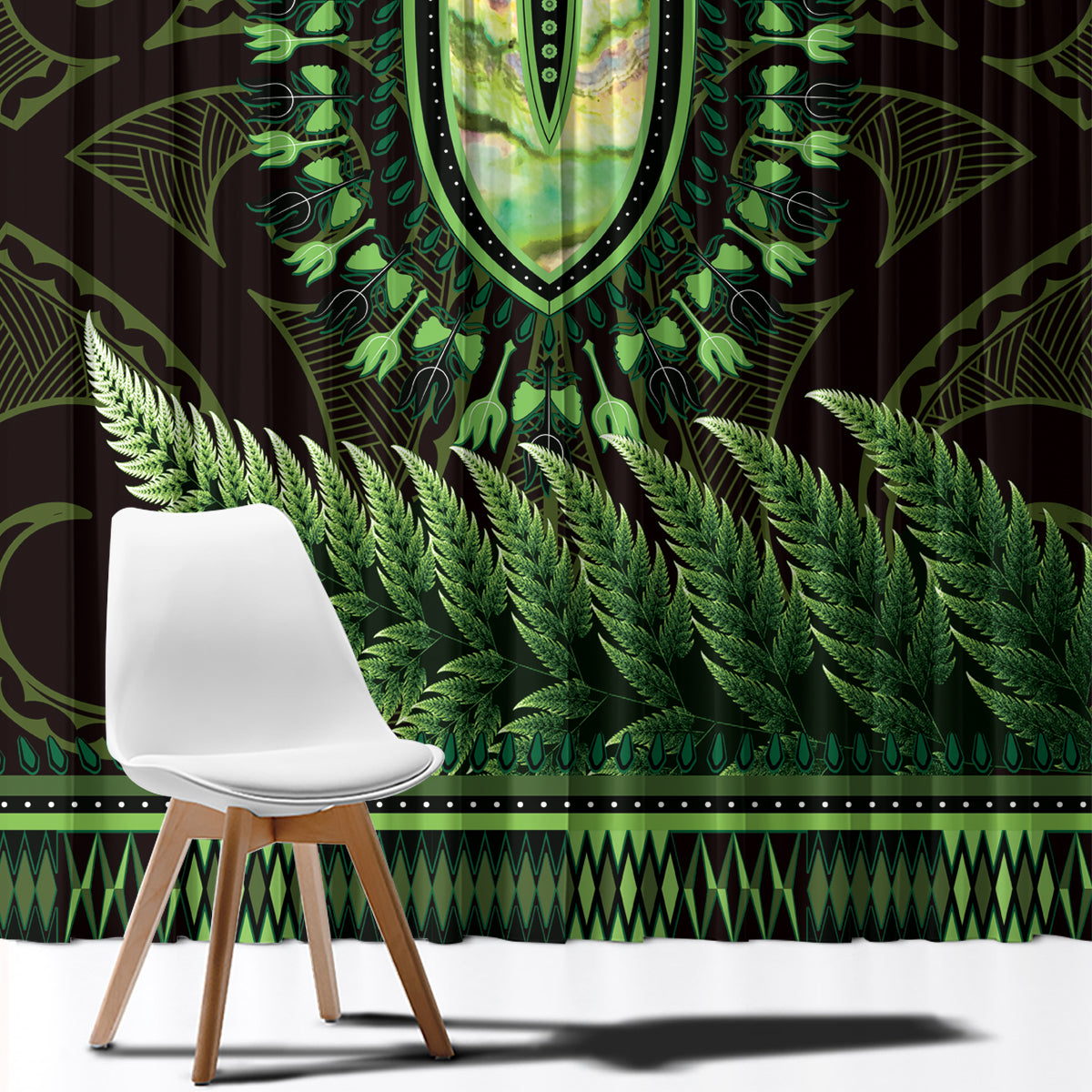 Lime Green African Dashiki With Aotearoa Maori Window Curtain Paua Shell Mix Silver Fern LT14 - Polynesian Pride