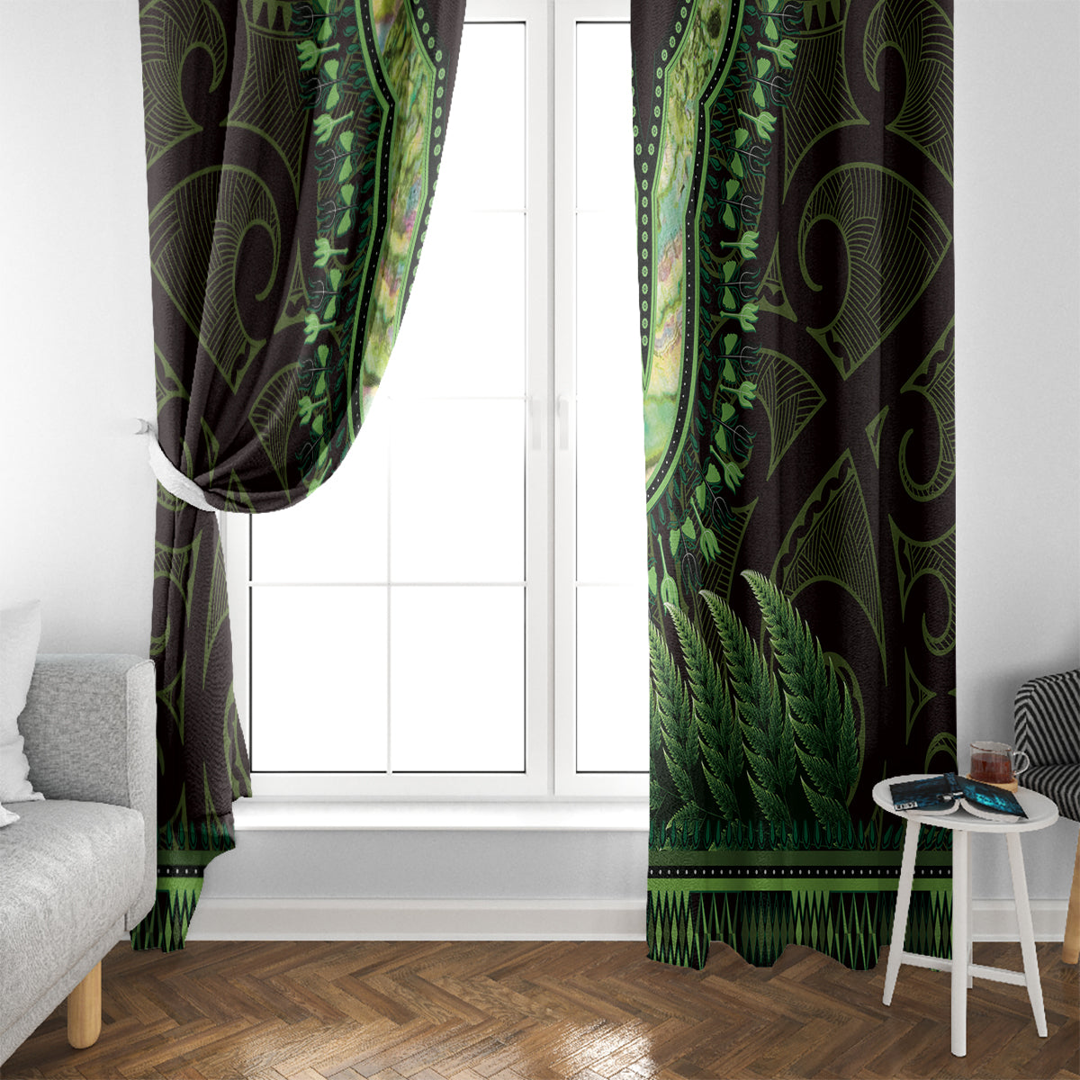 Lime Green African Dashiki With Aotearoa Maori Window Curtain Paua Shell Mix Silver Fern LT14 - Polynesian Pride