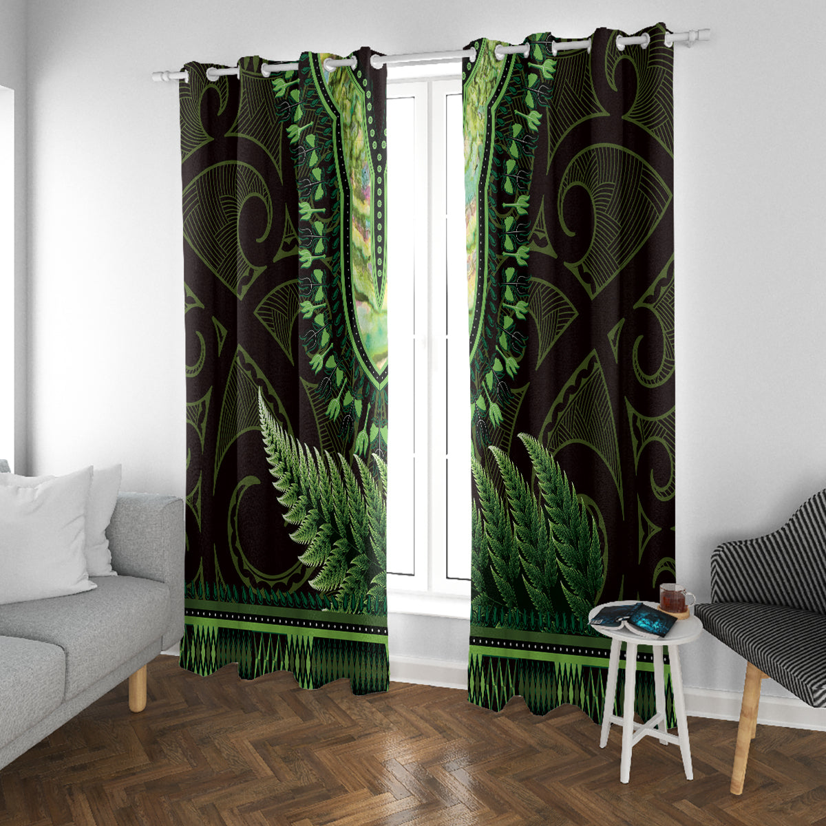Lime Green African Dashiki With Aotearoa Maori Window Curtain Paua Shell Mix Silver Fern LT14 With Grommets Lime Green - Polynesian Pride