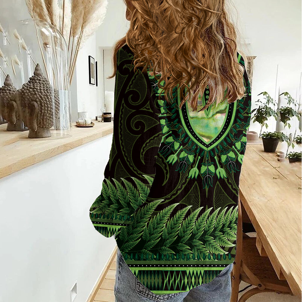 Lime Green African Dashiki With Aotearoa Maori Women Casual Shirt Paua Shell Mix Silver Fern