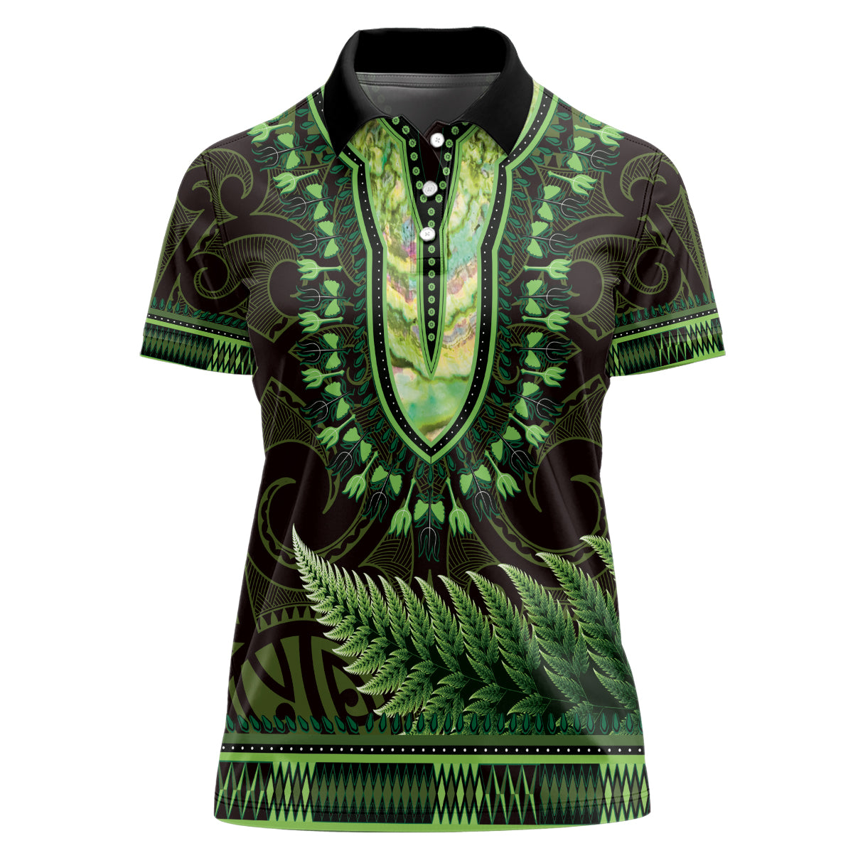 Lime Green African Dashiki With Aotearoa Maori Women Polo Shirt Paua Shell Mix Silver Fern