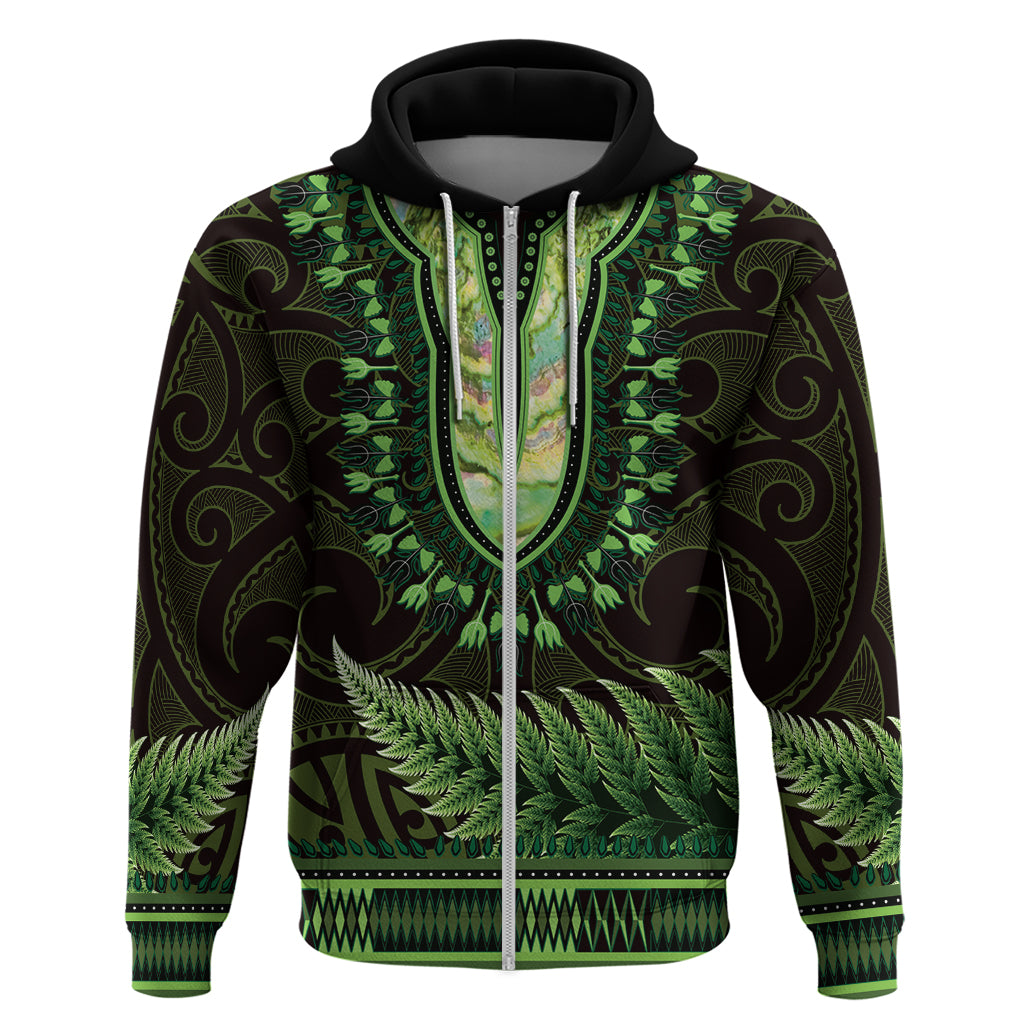 Lime Green African Dashiki With Aotearoa Maori Zip Hoodie Paua Shell Mix Silver Fern