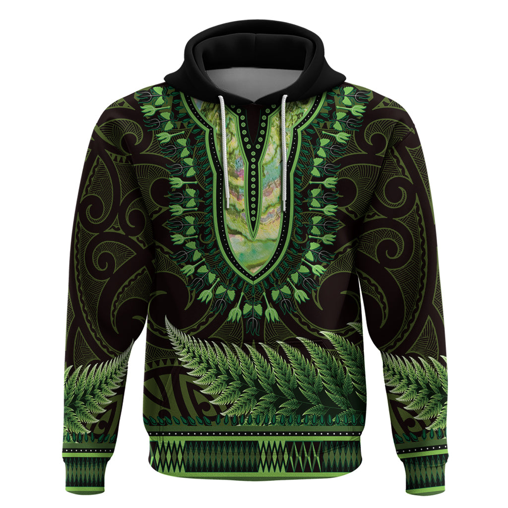 Lime Green African Dashiki With Aotearoa Maori Zip Hoodie Paua Shell Mix Silver Fern