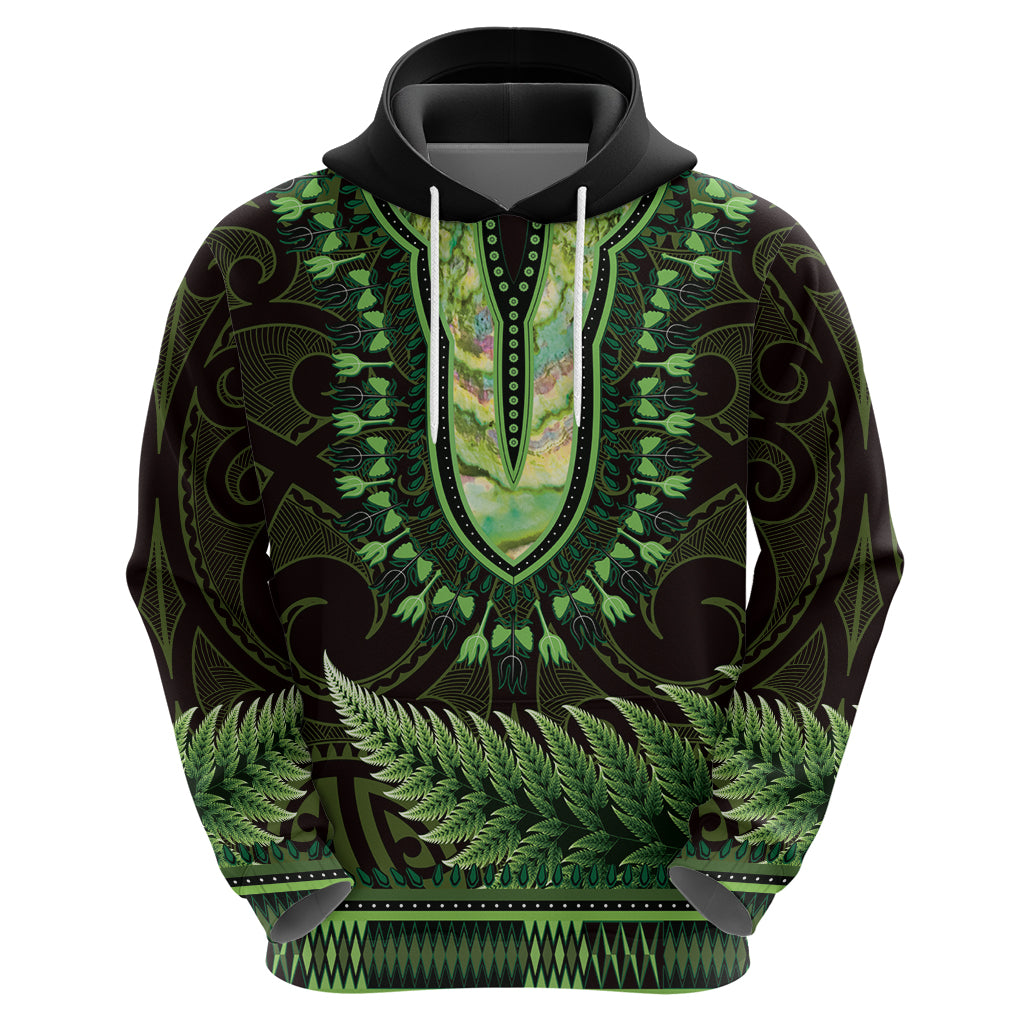 Lime Green African Dashiki With Aotearoa Maori Zip Hoodie Paua Shell Mix Silver Fern