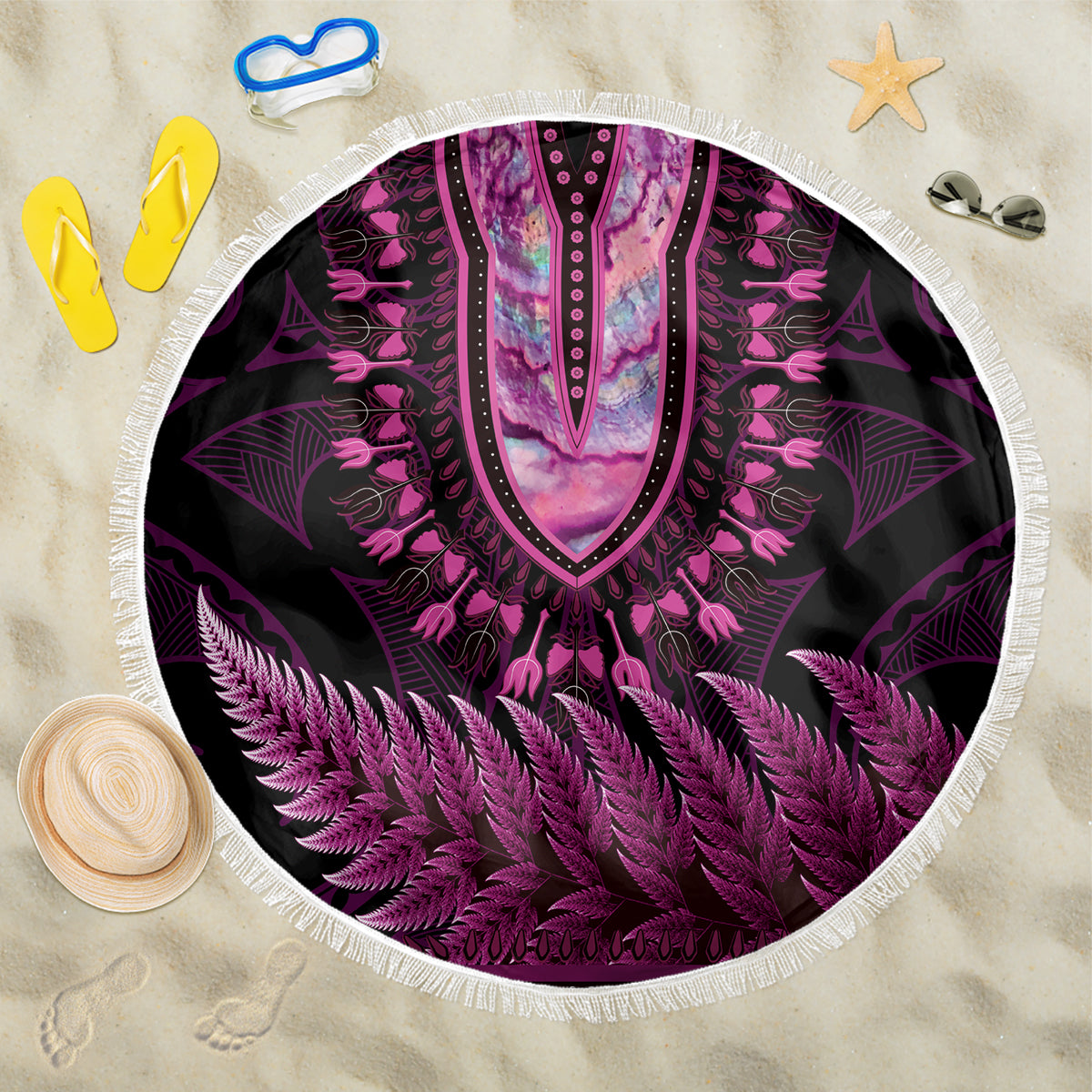 Pink African Dashiki With Aotearoa Maori Beach Blanket Paua Shell Mix Silver Fern LT14 One Size 150cm Pink - Polynesian Pride