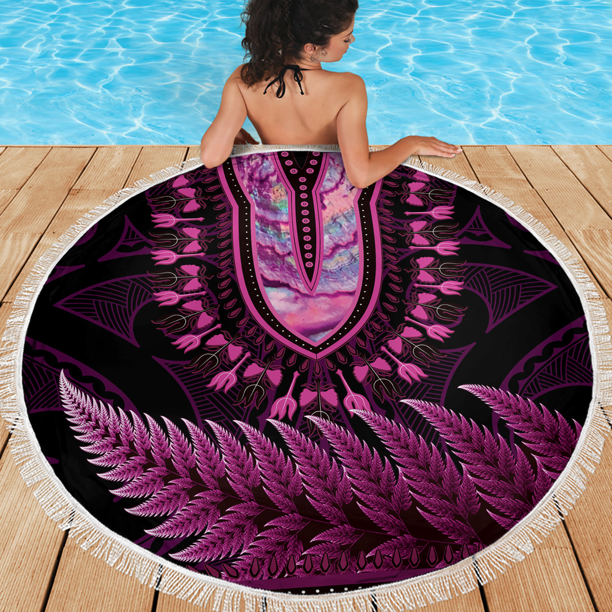 Pink African Dashiki With Aotearoa Maori Beach Blanket Paua Shell Mix Silver Fern LT14 - Polynesian Pride