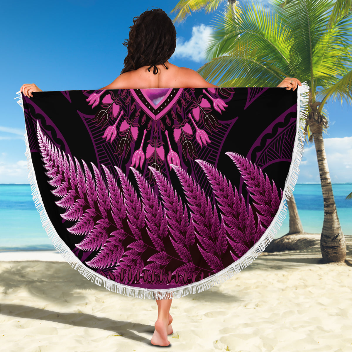 Pink African Dashiki With Aotearoa Maori Beach Blanket Paua Shell Mix Silver Fern LT14 - Polynesian Pride