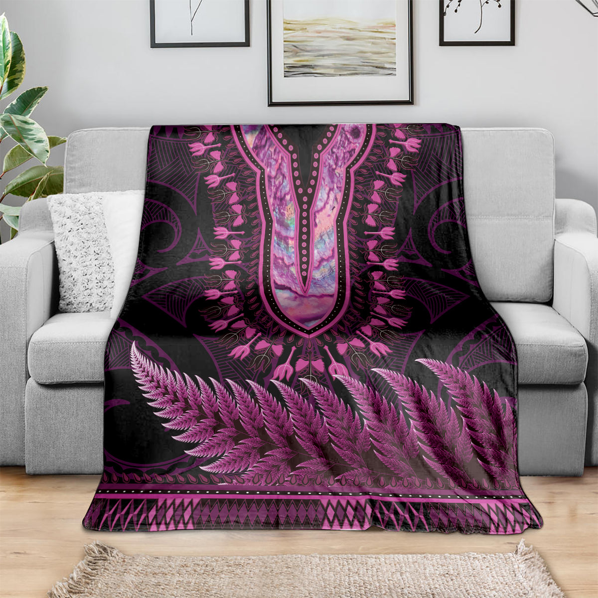 Pink African Dashiki With Aotearoa Maori Blanket Paua Shell Mix Silver Fern LT14 - Polynesian Pride
