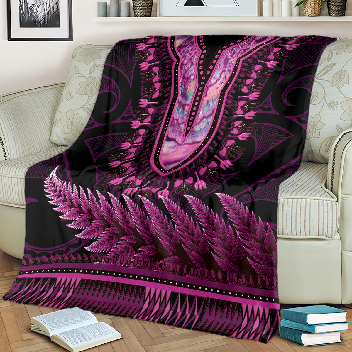 Pink African Dashiki With Aotearoa Maori Blanket Paua Shell Mix Silver Fern LT14 - Polynesian Pride