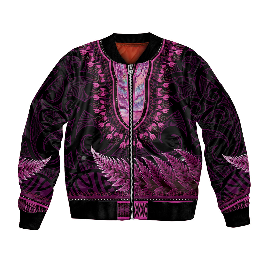 Pink African Dashiki With Aotearoa Maori Bomber Jacket Paua Shell Mix Silver Fern LT14 Unisex Pink - Polynesian Pride