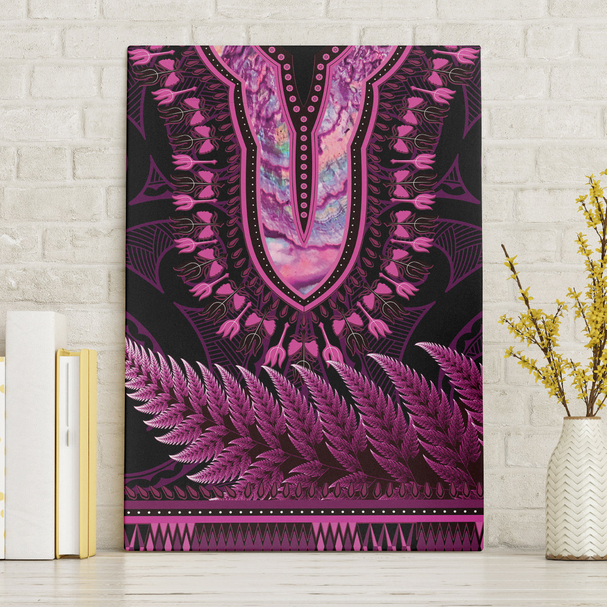 Pink African Dashiki With Aotearoa Maori Canvas Wall Art Paua Shell Mix Silver Fern LT14 Without Frame Pink - Polynesian Pride