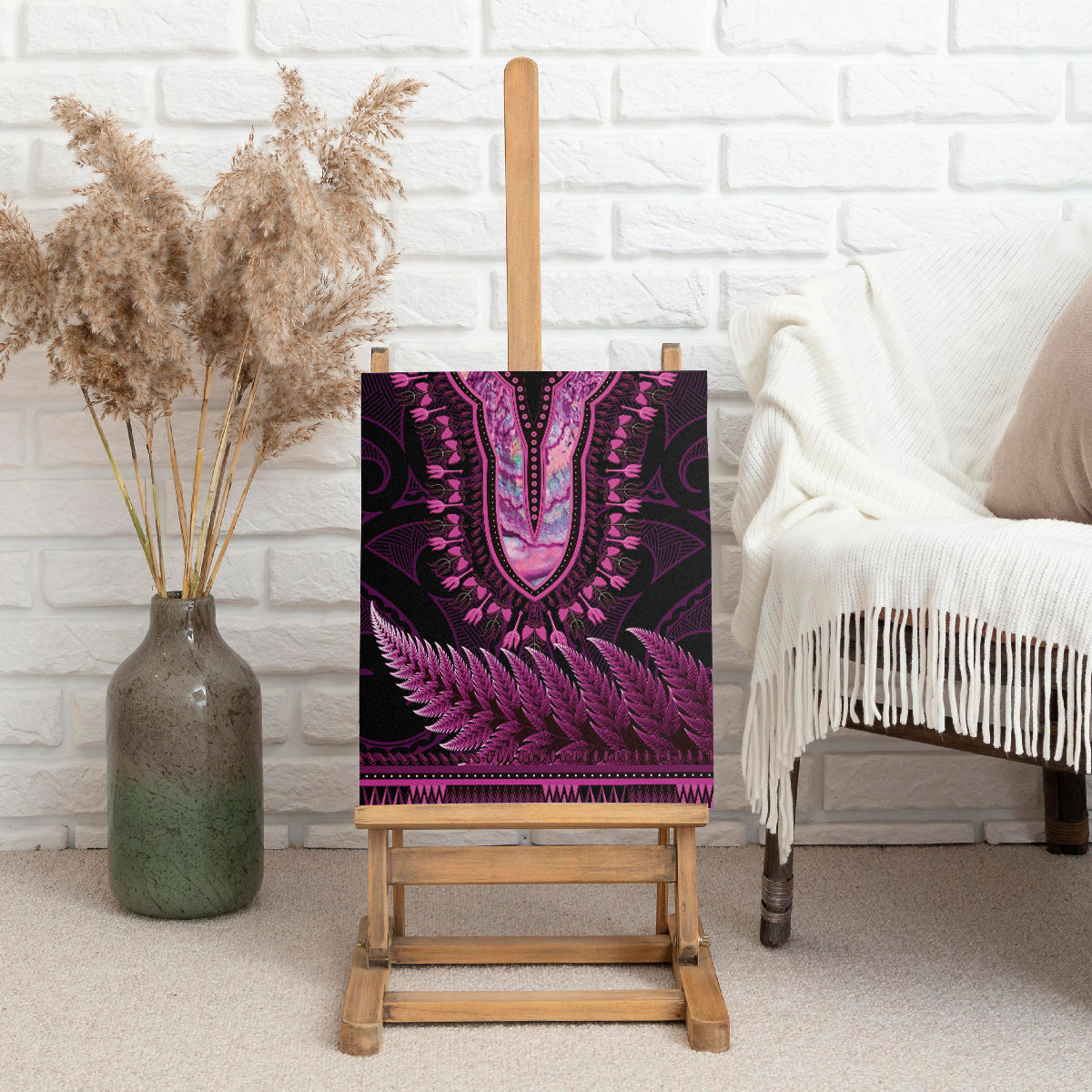 Pink African Dashiki With Aotearoa Maori Canvas Wall Art Paua Shell Mix Silver Fern LT14 - Polynesian Pride
