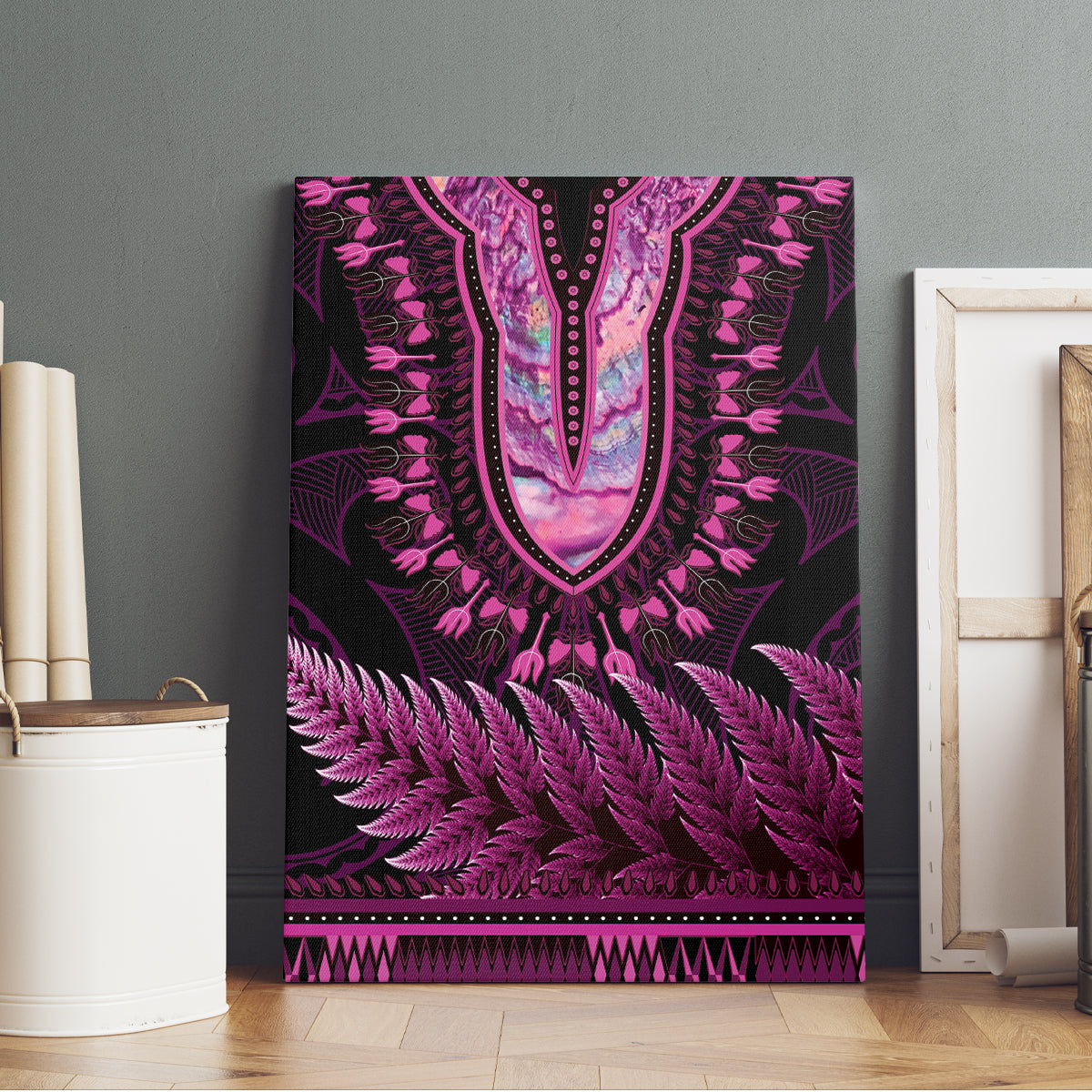 Pink African Dashiki With Aotearoa Maori Canvas Wall Art Paua Shell Mix Silver Fern LT14 - Polynesian Pride