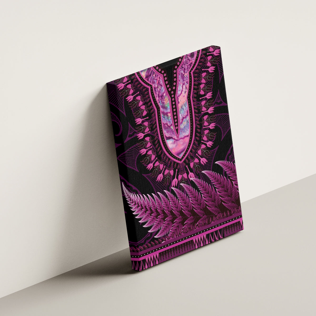 Pink African Dashiki With Aotearoa Maori Canvas Wall Art Paua Shell Mix Silver Fern LT14 - Polynesian Pride