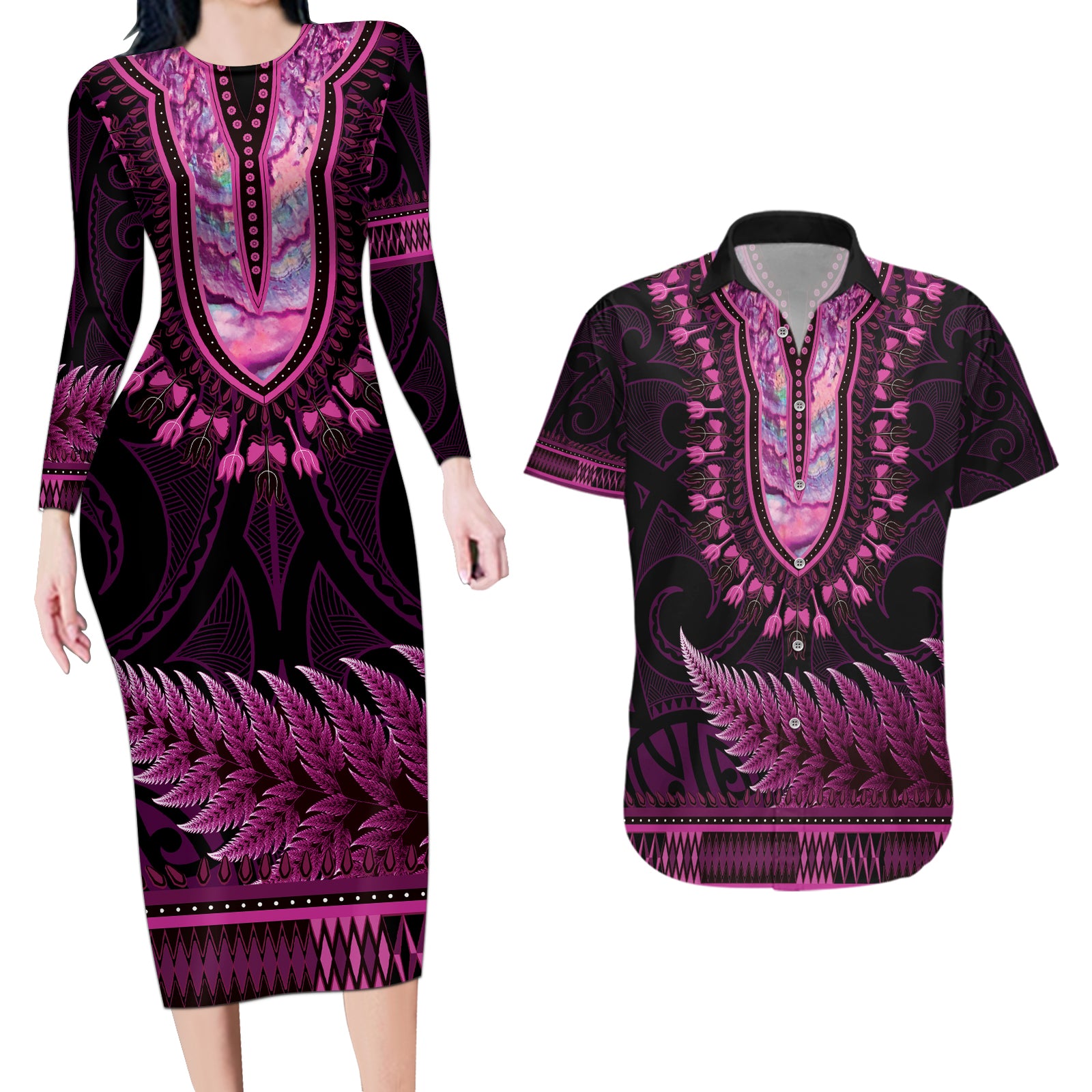 Pink African Dashiki With Aotearoa Maori Couples Matching Long Sleeve Bodycon Dress and Hawaiian Shirt Paua Shell Mix Silver Fern LT14 Pink - Polynesian Pride
